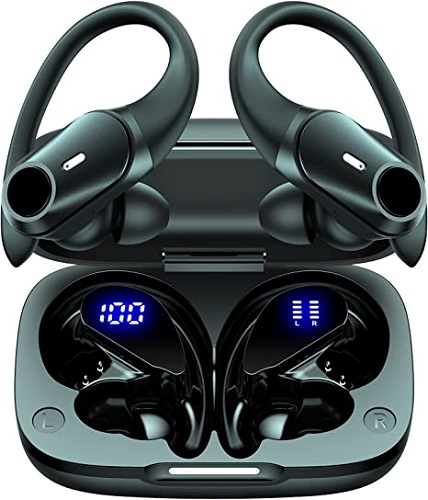 GOLREX Bluetooth Headphones Wireless Earbuds with Wireless Charging Case & Dual LED Battery Display 36Hrs Playback Over-Ear Waterproof Earphones with Earhooks Headset Built-in Mic for Sport Black