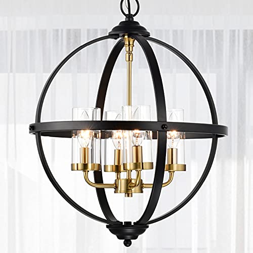 Treekee Rustic Chandelier, 17" Black and Gold Finish Glass Cover Luxurious Hanging Light, 4 Lights Globe Vintage Pendant Ceiling Light Fixtures for Living Room Entry Way Hallway Kitchen Dining Room