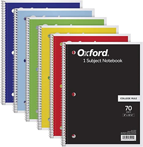 Oxford Spiral Notebook 6 Pack, 1 Subject, College Ruled Paper, 8 x 10-1/2 Inch, Color Assortment May Vary (65007)