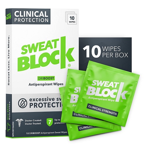 SweatBlock Clinical Strength DRIBOOST Antiperspirant Wipes - Treat Hyperhidrosis & Excessive Sweating for Men & Women - Up to 7 Days Sweat Protection Per Wipe - Dermatologist Tested, Unscented,10 ct.