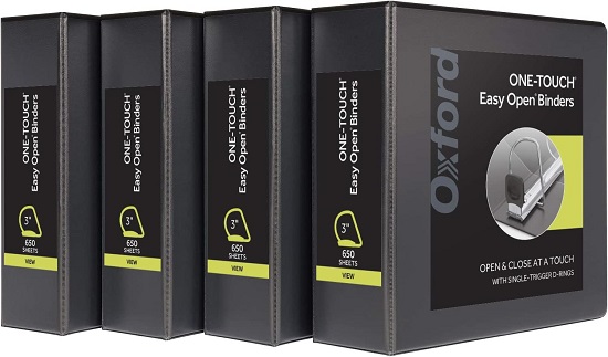 Oxford 3 Ring Binders, 3 Inch ONE-Touch Easy Open D Rings, View Binder Covers on 3 Sides, Durable Hinge, Non-Stick, PVC-Free, Black, 4 Pack (79914)