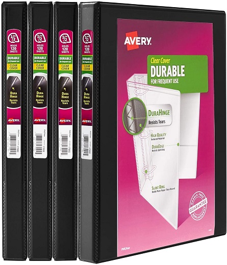 Avery Durable View 3 Ring Binder, 1/2 Inch Slant Rings, 4 Black Binders (05736)