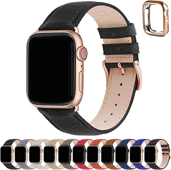 Fullmosa Bands Compatible Apple Watch Series 7 (41mm) and Series 6/SE/5/4 (40mm) Series 3/2/1 (38mm), Leather Apple Watch Band with Case for Women Men,Black + Rose Gold Buckle