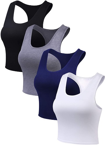 Boao 4 Pieces Basic Crop Tank Tops Sleeveless Racerback Crop Top for Women(Black, White, Dark Grey, Navy Blue,Medium)