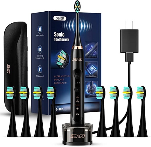 SEAGO Ultrasonic Electric Toothbrush for Adults, Twin-Engine 3 Modes and 3 Intensities, Wireless Rechargeable Sonic Toothbrush, 8 Brush Heads & Travel Toothbrush Set, Black