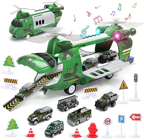 CUTE STONE 2-in-1 Amy Helicopter Toys, Boys Military Toy, Friction Powered Helicopter w/ Electric Rubber Propeller, Realistic Light & Music, Mini Vehicles, Traffic Road Signs, Vehicle Toy Set for Kids