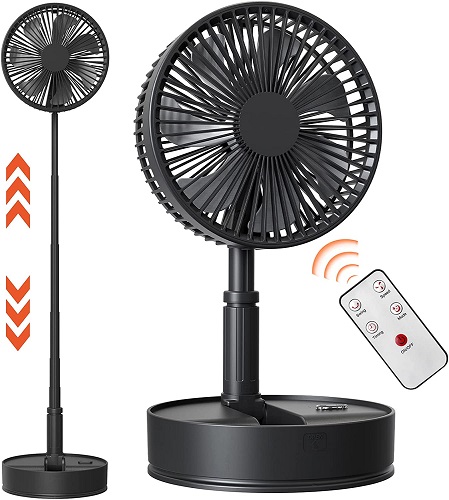 7200mAh Battery Powered Oscillating Fan, 8" Rechargeable Foldaway Fan, 12H Working Time, Height Adjustment, 4 Speeds, Remote Control, Portable Standing Fan for RV, Travel, Camping, Desk, Home, Outdoor