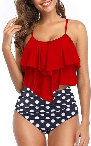 Womens High Waisted Bathing Suits Flounce Halter Tank Top Bikini Bottoms Tummy Control Modest Swimwear Two Piece Swimsuits Tankini Red Polka M