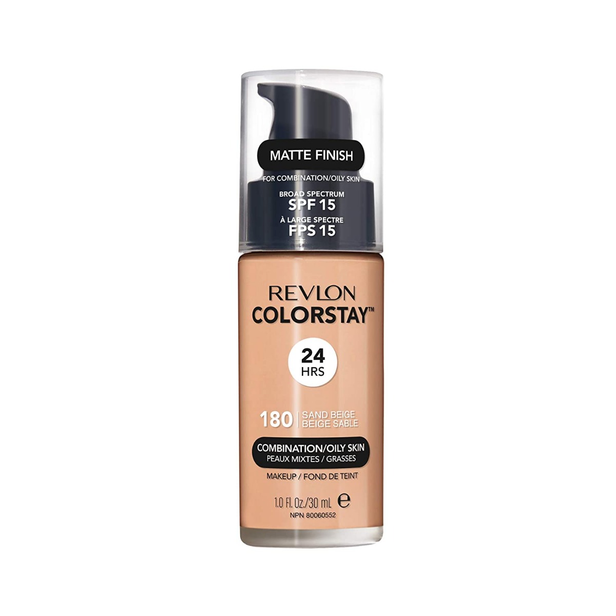 Liquid Foundation by Revlon, ColorStay Face Makeup for Combination & Oily Skin, SPF 15, Longwear Medium-Full Coverage with Matte Finish, Sand Beige (180), 1.0 Oz