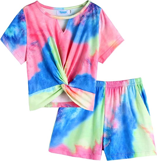 Yiomoroe Youth Girls Tracksuit Tie Dye Outfit Crewneck Keyhole Twist Front T-Shirt and Shorts 2Pcs Summer Sport Outfits