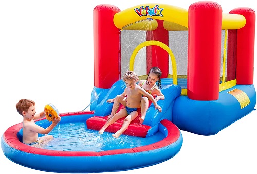 Valwix Inflatable Bounce House with Blower for Kids 3-5 y/o, Bouncy Castle w/ Waterslide & Pool for Wet Dry Combo, Bouncer w/ Repair Kits, Fun Bounce Area with Basketball Hoop