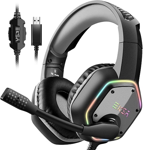 EKSA E1000 USB Gaming Headset for PC - Computer Headphones with Microphone/Mic Noise Cancelling, 7.1 Surround Sound Wired Headset&RGB Light - Gaming Headphones for PS4/PS5 Console Laptop