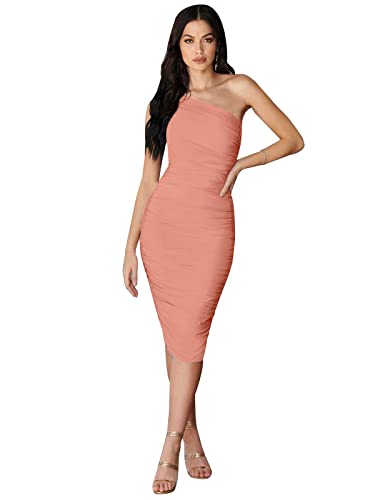 GEMEIQ Women’s Ruched One Shoulder Bodycon Midi Dress Sexy Sleeveless Cocktail Party Pencil Dresses Pink M