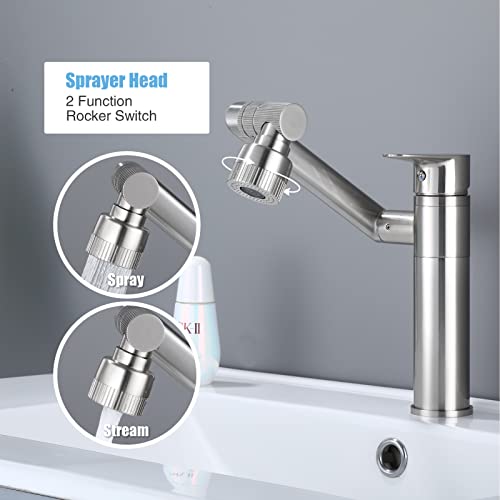 HUAHUALALA 1080 Degree Swivel Faucet for Bathroom Sink,Kitchen Faucet with Big Angle Rotate Spray Dual Function,Single Handle Vanity Faucet with Deck Plate,Lavatory Faucet,1 or 3 Hole Brushed Nickel