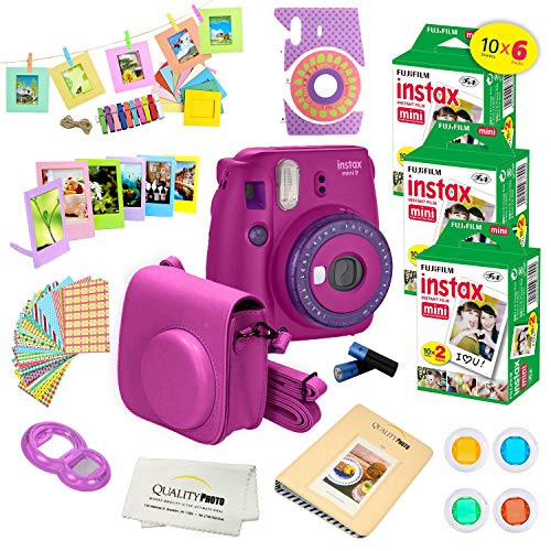 Fujifilm Instax Mini 9 Instant Camera w/Fujifilm Instax Mini 9 Instant Films (60 Pack) +A14 Pc Deluxe Bundle for Fujifilm Instax Mini 9 Camera (Purple)