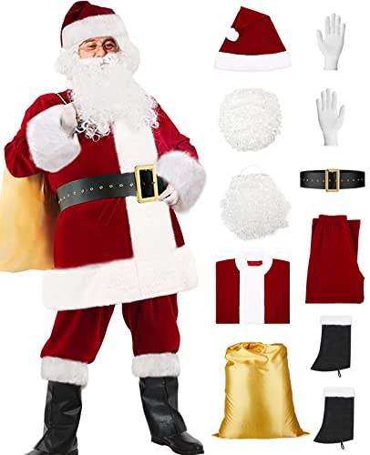 VeMee Santa Claus Costumes Christmas Santa Suit Adult Men Santa Costume for Men Santa Outfit for Holiday Party(Large,Burgundy)