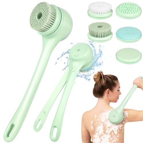 Electric Body Brush Back Scrubber for Shower, Auto Spinning Exfoliating Massage Bath Brush Rechargeable, Dual Long Handle, Deep Cleansing, Waterproof, Rotating Body Brushes with 5 Brush Heads