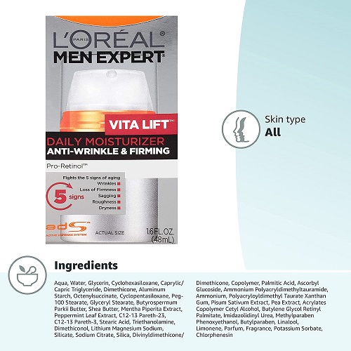 L'Oreal Men Expert Vitalift Anti-Wrinkle & Firming Face Moisturizer with Pro-Retinol, Face Moisturizer for Men, Beard and Skincare for Men, 1.6 oz