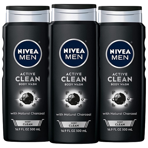 NIVEA MEN DEEP Active Clean Charcoal Body Wash, Cleansing Body Wash with Natural Charcoal, 3 Pack of 16.9 Fl Oz Bottles
