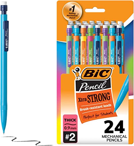 BIC Xtra-Strong Thick Lead Mechanical Pencil, With Colorful Barrel Thick Point (0.9mm), 24-Count Pack, Mechanical Pencils With Erasers