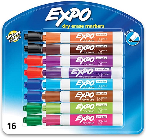 EXPO Low Odor Dry Erase Markers, Chisel Tip, Assorted Colors, 16 Pack