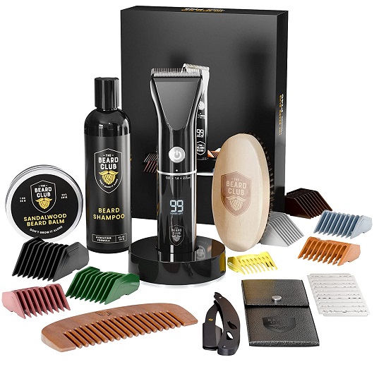 The Beard Club PT45 Trimmer & Premium Beard Care Grooming Gift Kit - Cordless Trimmer for Beard Detailing, Straight Edge Razor, Beard Shampoo, Brush, Comb and Sandalwood Balm - Deluxe Kit