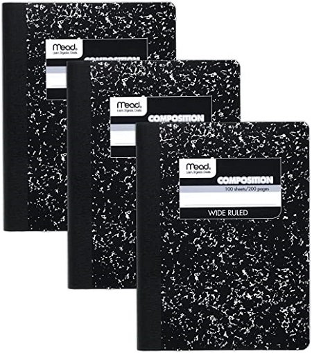 Mead Composition Notebook, 3 Pack, Wide Ruled Paper, 9-3/4" x 7-1/2", 100 Sheets per Notebook, Black Marble (38301)