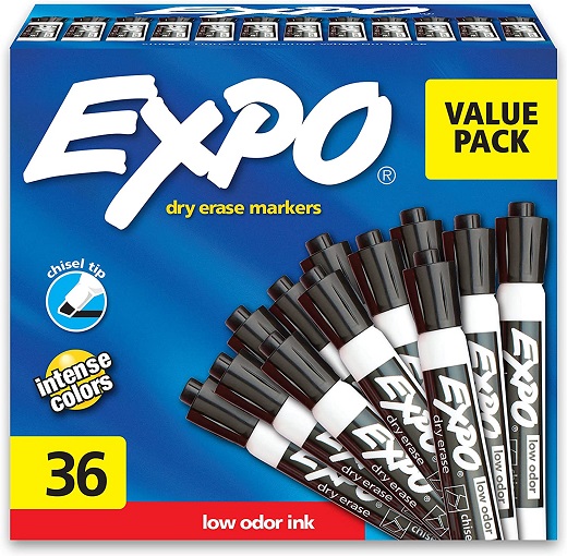 EXPO Low Odor Dry Erase Marker | Chisel Tip Markers | Whiteboard Markers, Black, 36 Count