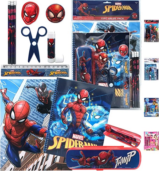 Marvel Superheroes Spiderman Stationery Set Back to The Pre School Kindergarten Education Goodies Supplies Pencils Eraser Notebook Case Folders Ruler Sharpener Scissor, Perfect Gifts for Kids Boys