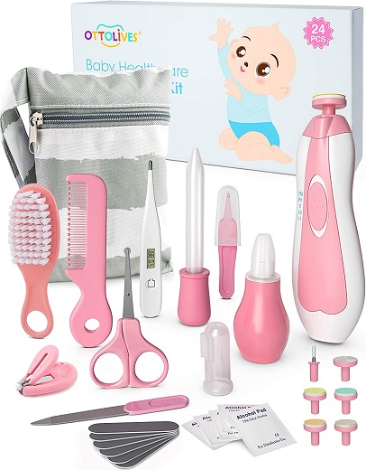 OTTOLIVES Baby Healthcare and Grooming Kit, 24 in 1 Baby Electric Nail Trimmer Set Newborn Nursery Health Care Set for Newborn Infant Toddlers Baby Boys Girls Kids Haircut Tools (0-3 Years+) (Pink)