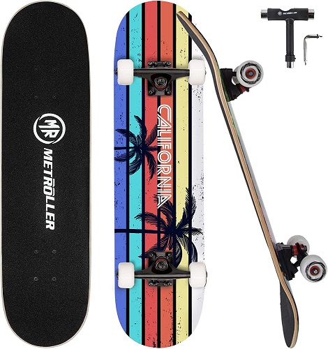 METROLLER Skateboards for Beginners,31 x 8 Complete Standard Skate Boards for Girls Boys, 7 Layer Canadian Maple Double Kick Concave Skateboard for Kids Youth Teens Adults