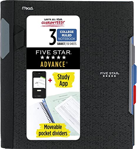 Five Star Advance Spiral Notebook + Study App, 3 Subject, College Ruled Paper, 11" x 8-1/2", 150 Sheets, With Spiral Guard and Movable Dividers, Black, 1 Count (73132)