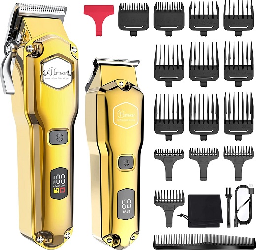 Hatteker Hair Clipper & Trimmer Set for Men IPX7 Waterproof Cordless Barber Clipper for Hair Cutting Kit with T-Blade Trimmer Beard Trimmer Kids Clipper Professional USB Rechargeable (Gold)