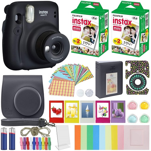 Fujifilm Instax Mini 11 Instant Camera Charcoal Gray + MiniMate Accessories Bundle + Fuji Instax Film Value Pack (40 Sheets) Accessories Bundle, Color Filters, Album, Frames