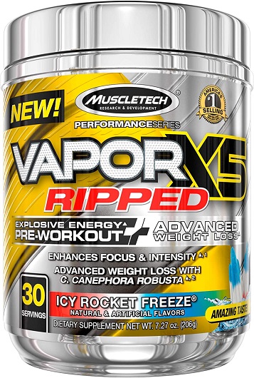 Pre Workout + Weight Loss | MuscleTech Vapor X5 Ripped | Pre Workout Powder for Men & Women | PreWorkout Energy Powder Drink Mix | Sports Nutrition Pre-Workout Products | Icy Rocket Freeze (30 Serv.)