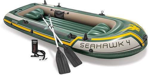 Intex Seahawk 4, 4-Person Inflatable Boat Set with Aluminum Oars and High Output Air -Pump (Latest Model)