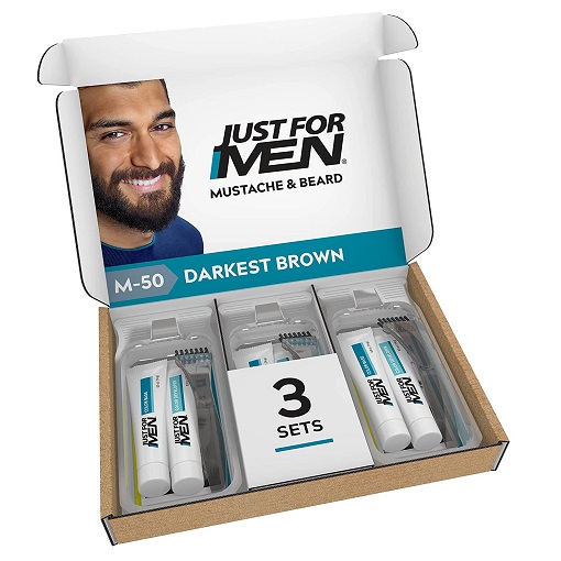Just For Men Mustache & Beard, Beard Coloring for Gray Hair, With Biotin Aloe and Coconut Oil for Healthy Facial Hair - Darkest Brown, M-50 (Pack of 3, Ecomm Friendly Packaging)