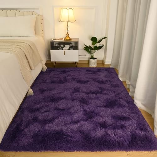 Softlife Rug for Bedroom 4x5.3 Feet Area Rug for Living Room Super Soft Shaggy Rugs for Dorm Room Fluffy Fuzzy Carpets Long Plush Bedside Rug Nursery Kids Home Decoration for Boys Girls, Purple