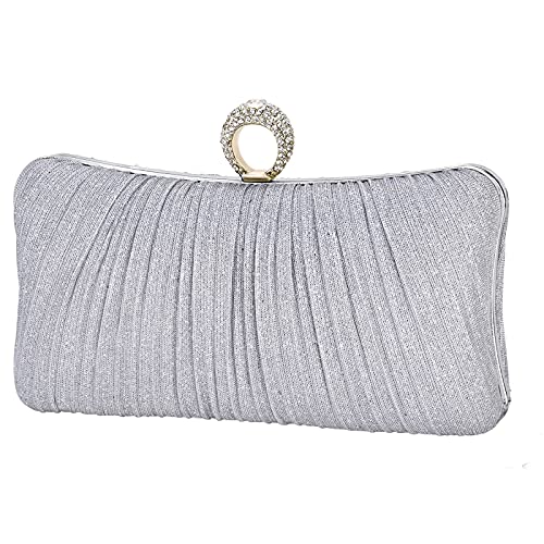 iWISH Womens Silver Glitter Clutch Purse Pleated Evening Bag for Bridal Wedding Party with Rhinestone Ring