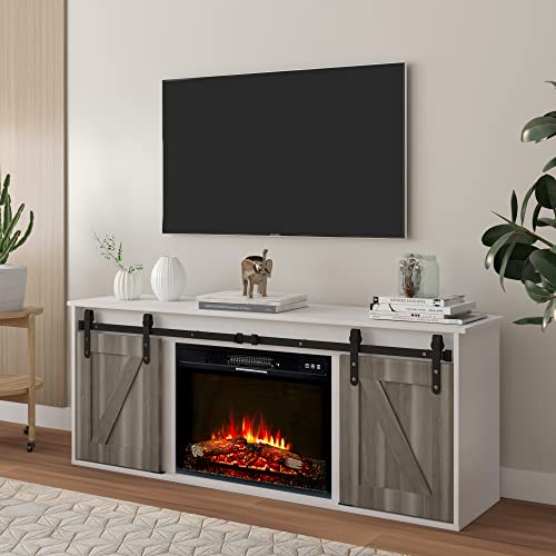 Clikuutory Antique White Fireplace TV Stand with Sliding Barn Doors, Wood Entertainment Center with a 23 inch Electric Fireplace Insert, Modern Farmhouse Storage Cabinet Console for TVs Up to 65 inch