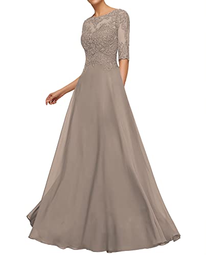 Wedding Guest Dresses for Women Lace Appliques Mother of The Bride Dresses Long Evening Dresses Short Sleeve Taupe