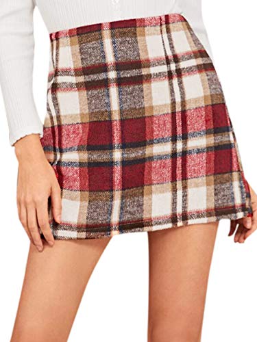 MakeMeChic Women's Plaid Skirt High Waisted Pencil Mini Skirt D Beige red M