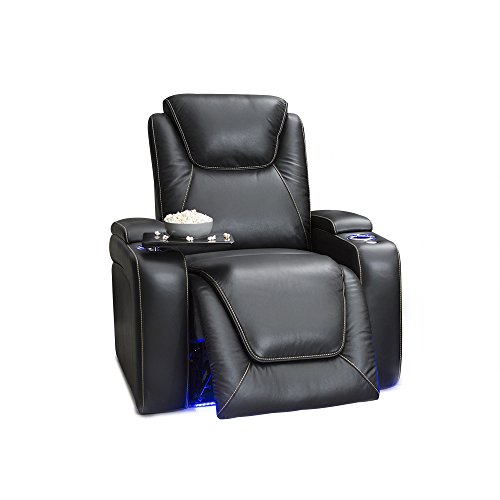Seatcraft Equinox - Home Theater Seating - Living Room - Top Grain Leather - Power Recline - Powered Headrest and Lumbar Support - Arm Storage - USB Charging - Cup Holders - Single Recliner, Black