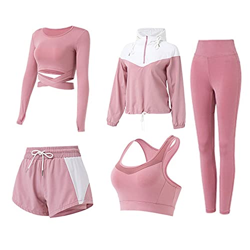 5 PCS Workout Sets for Women Running Yoga Outfits Athletic Gym Exercise Clothes Activewear Sets Tracksuit(Pink,S)