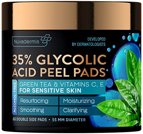 35% Glycolic Acid Pads - Exfoliating Facial Peel - Natural Resurfacing for Sensitive Skin - Green Tea & Vitamins C, E - Cleans Blackheads, Dark Spots, Acne - Radiance Face Wipes - 60 Double-Side Pads