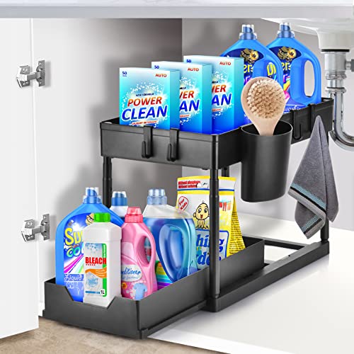 Height-adjustable Under Sink Organizers and Storage, 2-Tier Under the Sink Organizer with Sliding Drawer, Hooks, and Hanging Cup, Premium Bathroom Organizer Under Sink