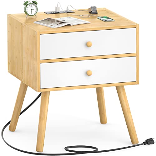 Homykic Bamboo Nightstand with Charging Station, Mid Century Modern Bedside Table with USB Ports and 2 Large Drawers, Real Wood Boho End Table Side Table for Bedroom, 19.7"W x 15.8"D, Natural + White