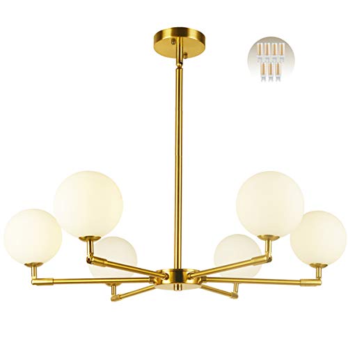 BAODEN 6-Lights Globe Mid Century Chandelier Modern Sputnik Pendant Light Fixture with G9 Bulb Brushed Brass Finished with White Globe Glass Lampshade Dining Kitchen Island Bedroom Lighting (Gold)