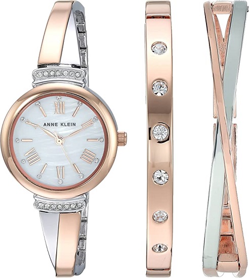 Anne Klein Women's AK/2245RTST Premium Crystal Accented Rose Gold-Tone and Silver-Tone Bangle Watch and Bracelet Set