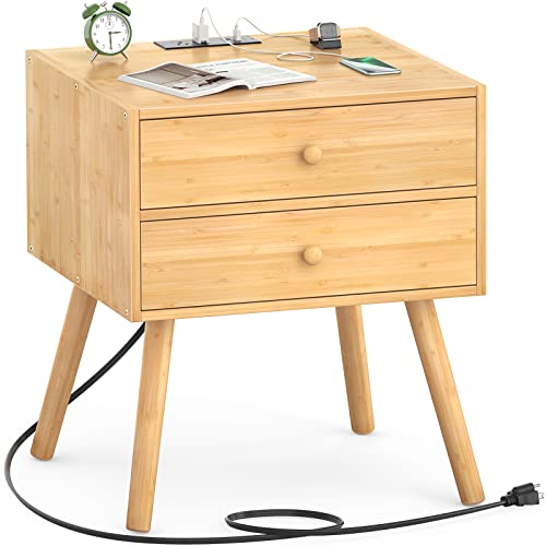 Homykic Nightstand with Charging Station, Bamboo Mid Century Modern Bedside Table with USB Outlets and 2 Drawers, Large Accent Boho Wood End Table Side Table for Bedroom, Easy to Assemble, Natural